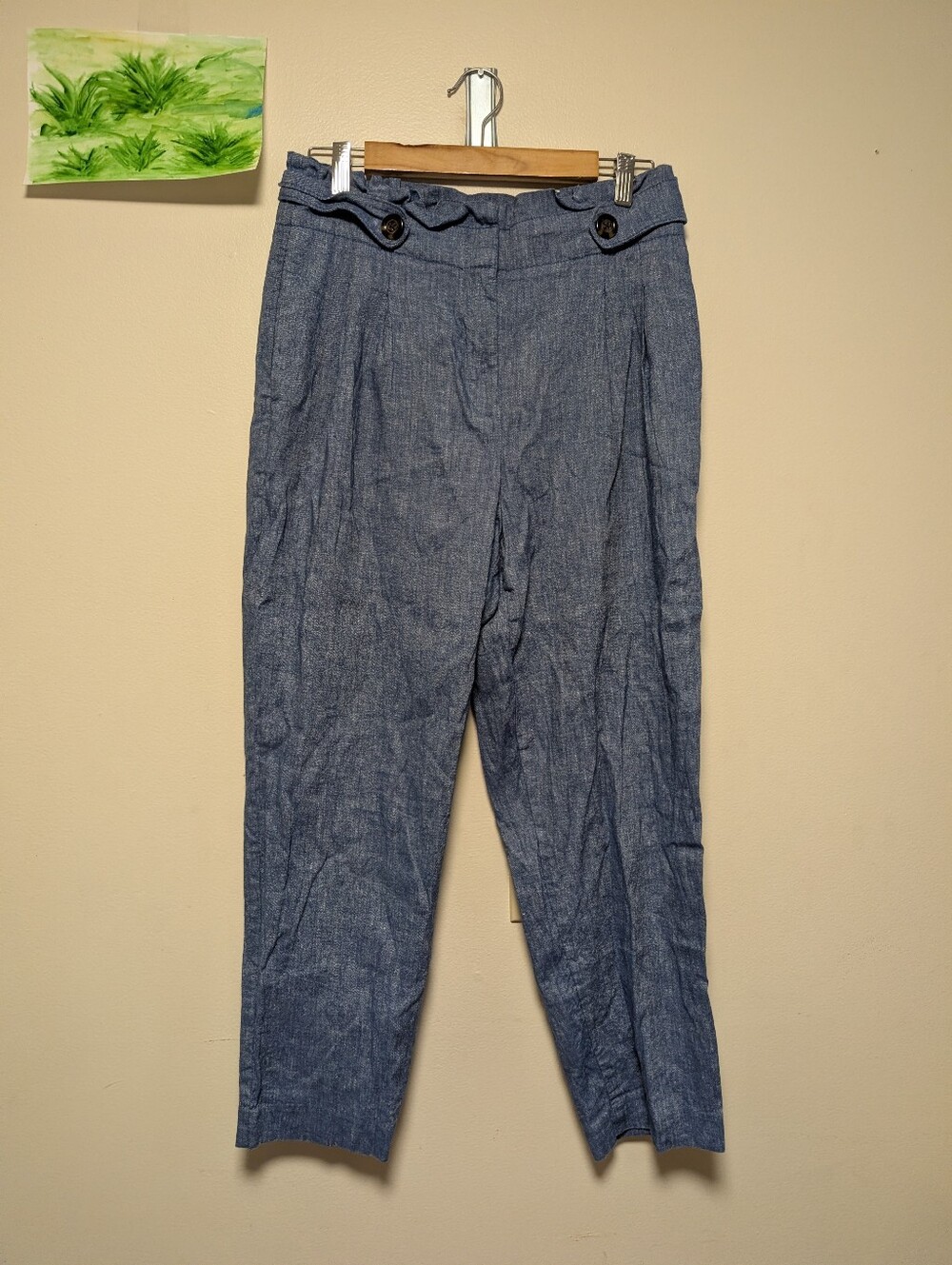 Ann Taylor Chambray Paperbag Waist Tapered Ankle Pants Size 8 Linen Blend